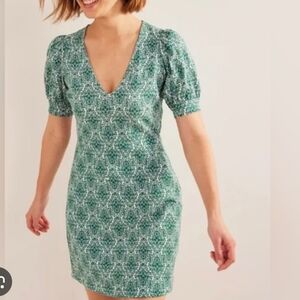 Boden Green Floral Puff Sleeves Stretchy Mini Dress Sz 12P